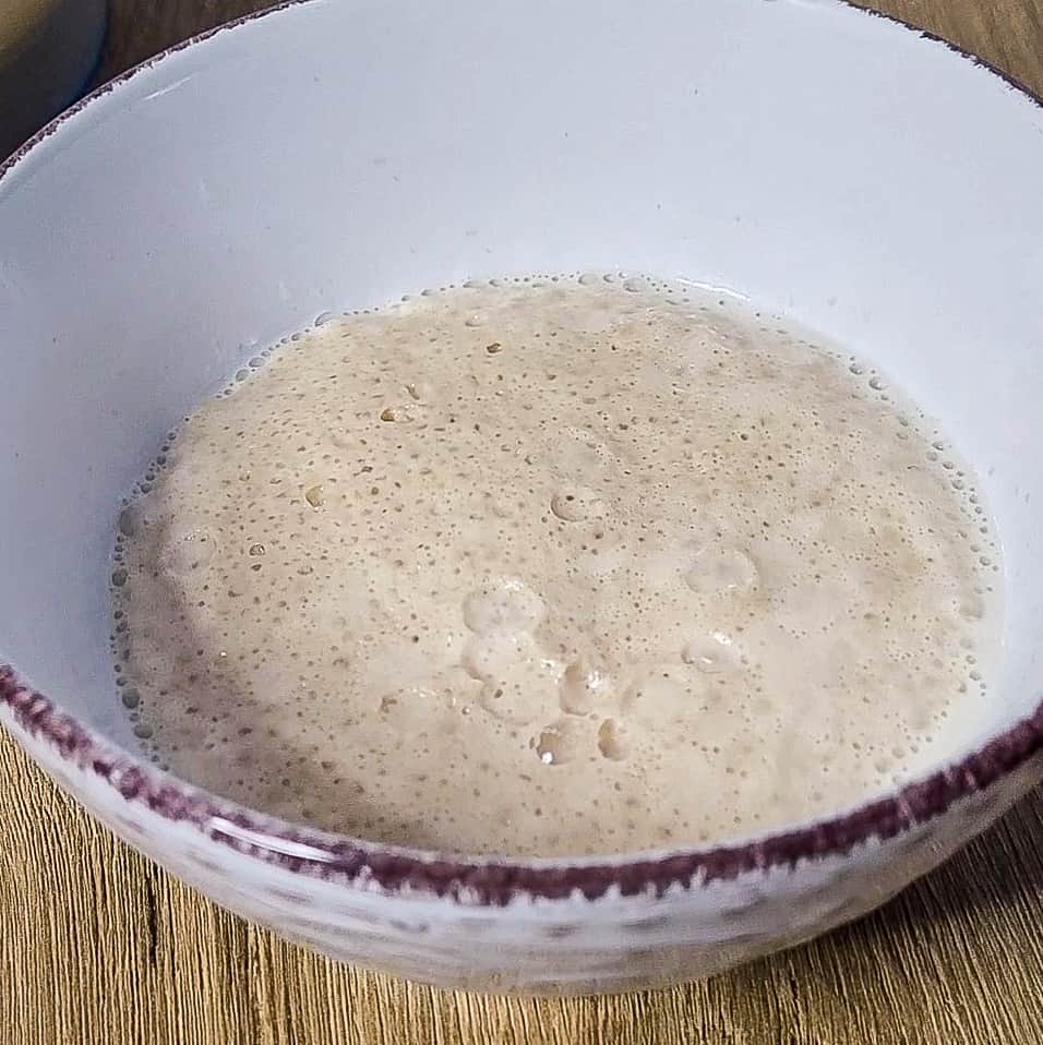 Bubbly yeast mix in a white bowl