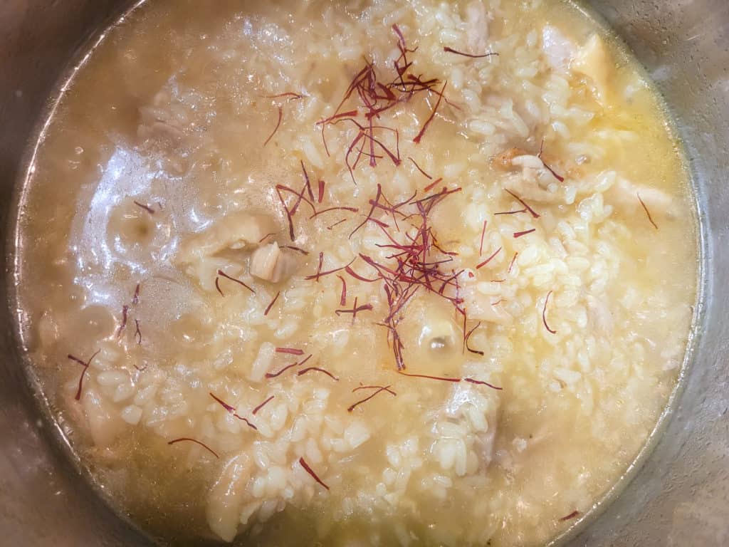 Arroz caldo with saffron in a pot