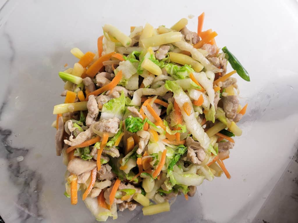 A bowl of cooked vegetables for fresh lumpia