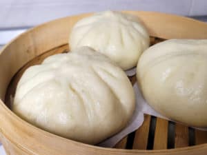 Closeup of siopao buns after steaming