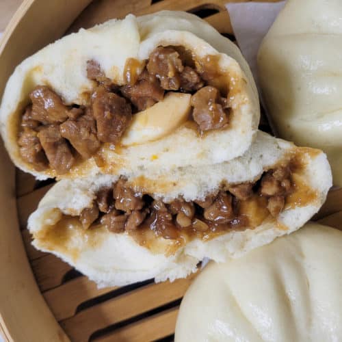 Closeup of cross section of siopao asado