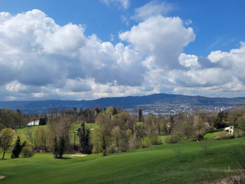 View of Lake Zurich over a golf course
