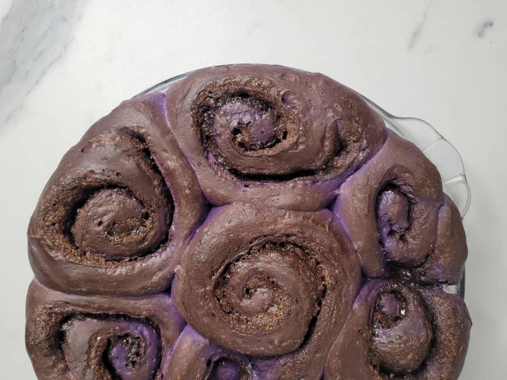 Bake ube cinnamon rolls in a glass pan