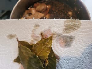 Closeup of bay leaves on a paper towel