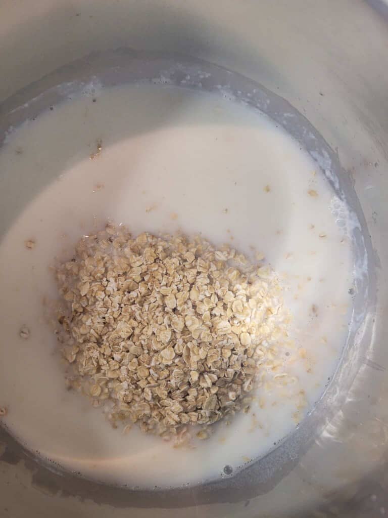 Oatmeal with milk and water in a pot