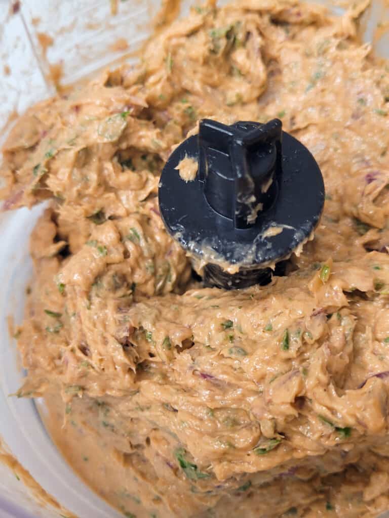 Closeup of sardine pâté in food processor