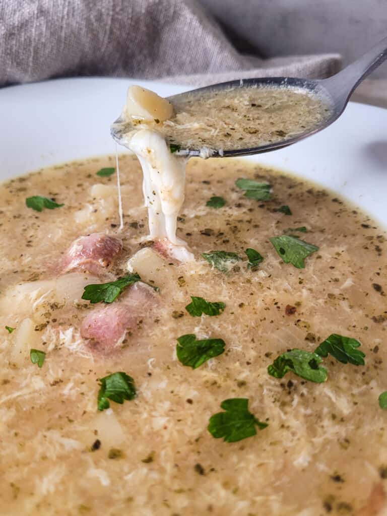 Closeup of Czech garlic soup or česnečka with cheese and egg