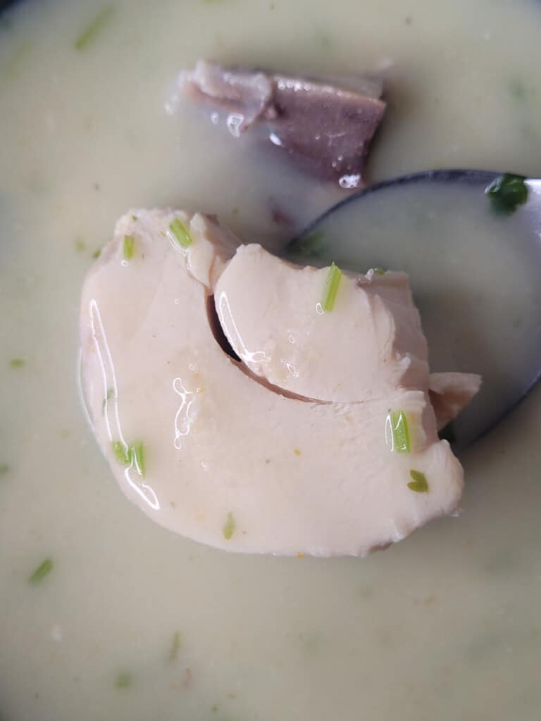 Overhead shot of chikhirtma, creamy Georgian chicken soup