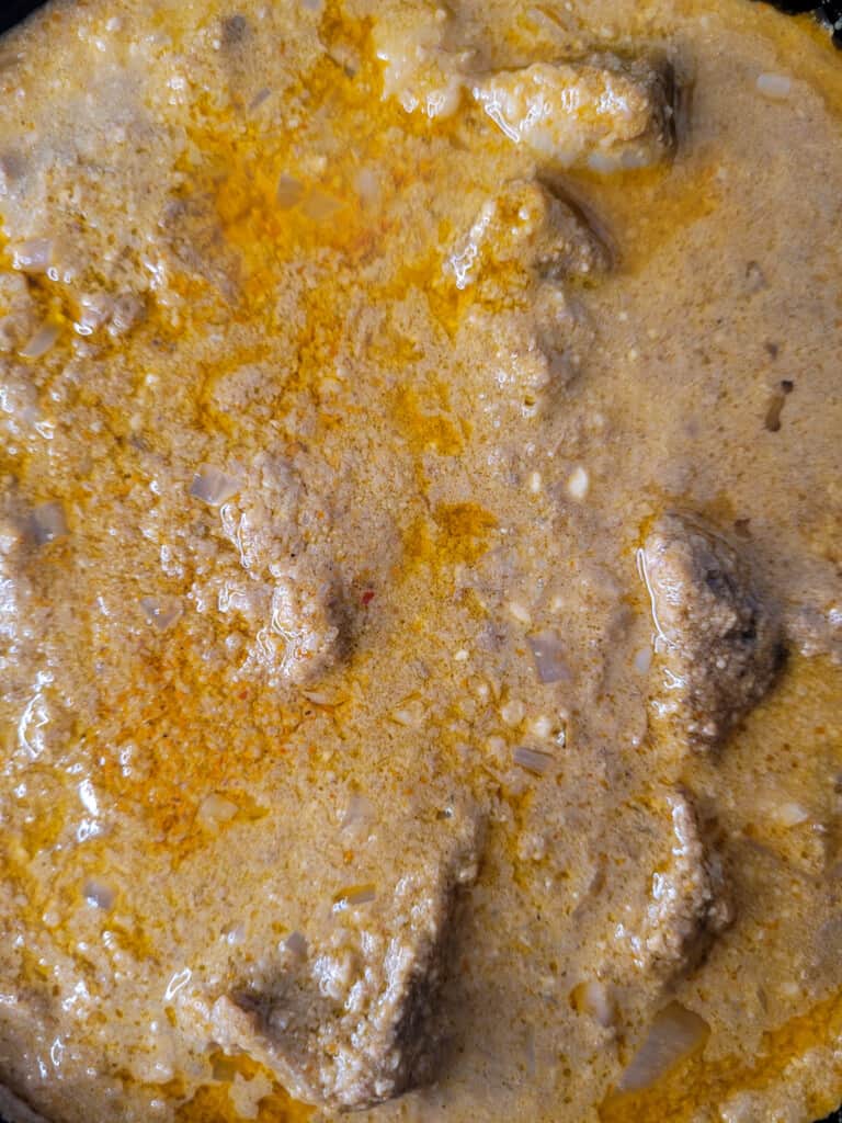 Closeup of Kharcho, beef stew with walnut paste