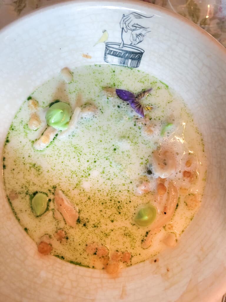 Yogurt and noodle soup called tutmaji in Georgian in a ceramic bowl