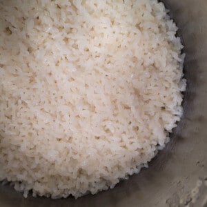 Closeup of cooked white rice in a pot