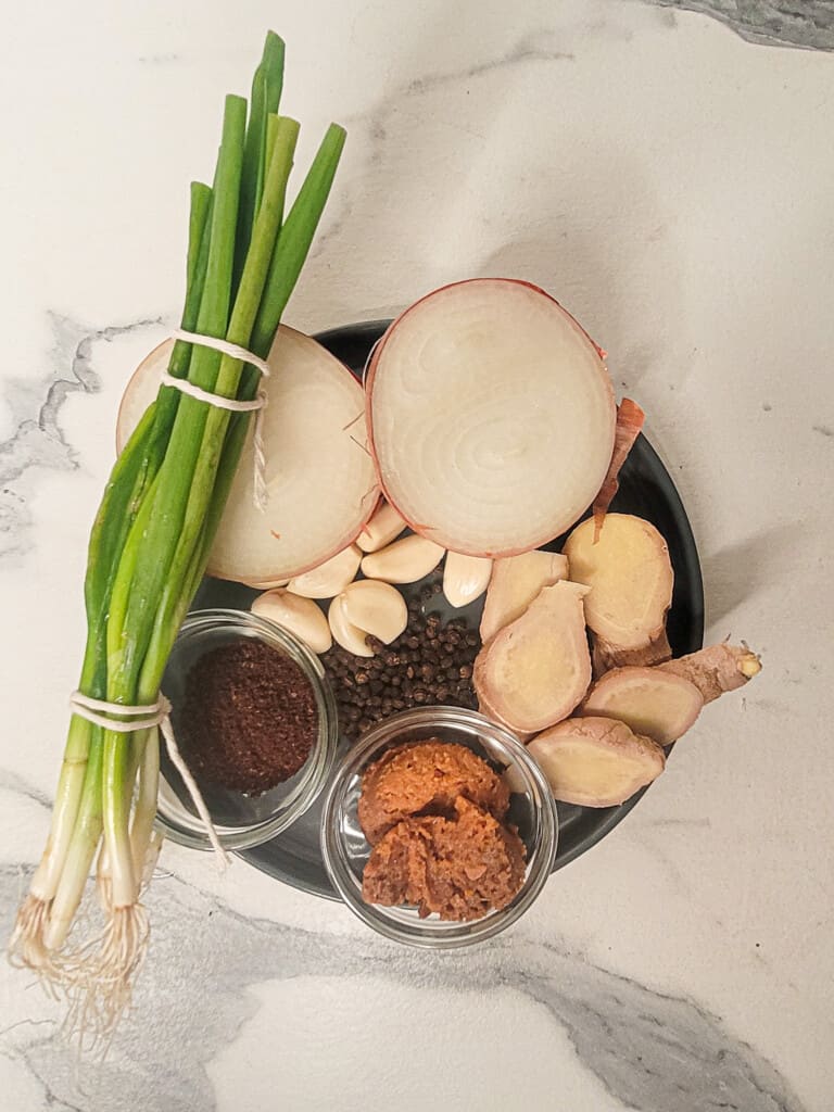 Suyuk or boiled pork ingredients - green onions, onion, pepper, coffee, soy bean paste, garlic, ginger