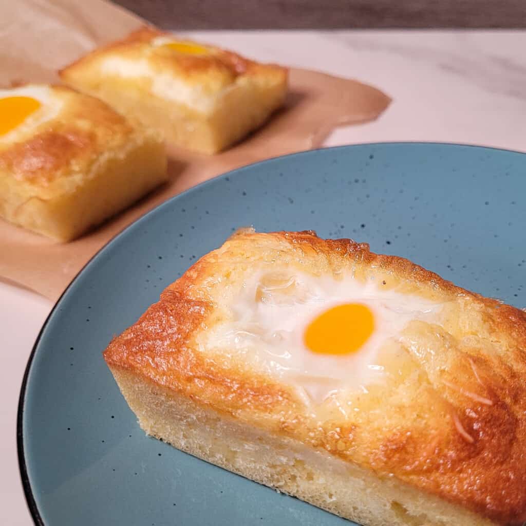 Close up of gyeran ppang or Korean egg bread on a blue plate