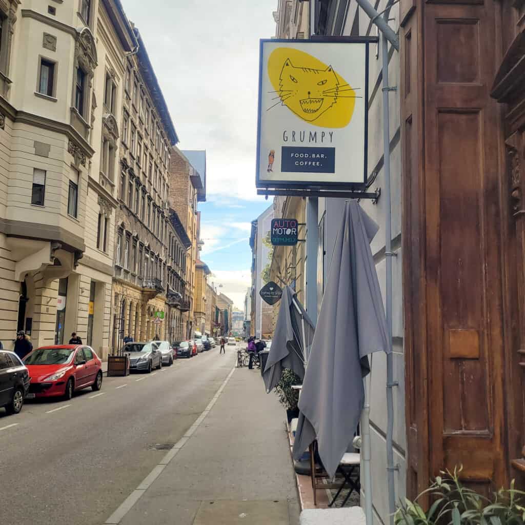 Street sign of Grump Cat cafe in Budapest