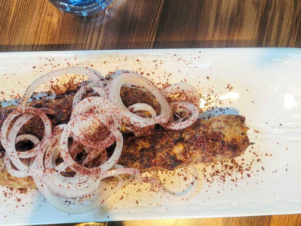 A kebab with onions on a white plate