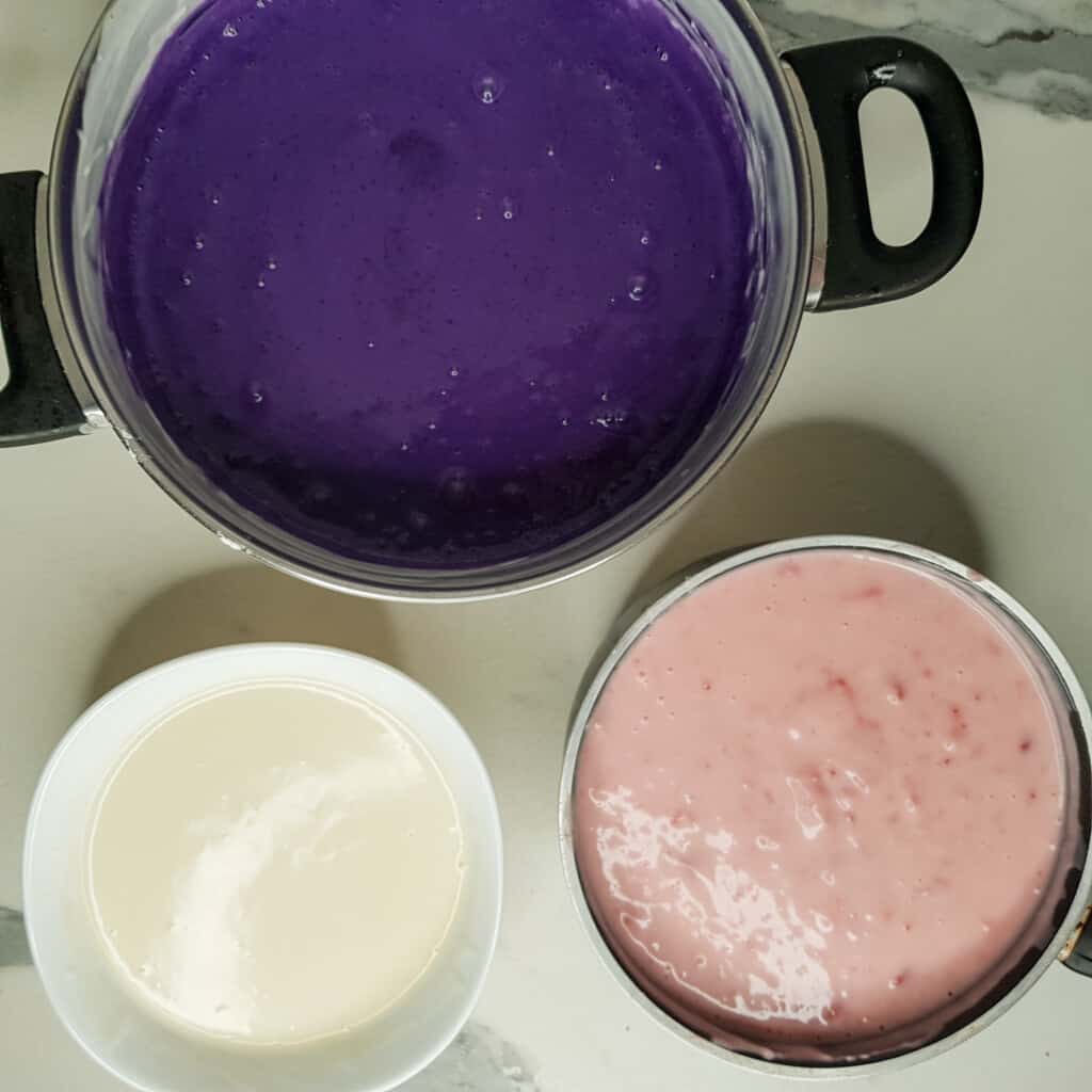 Different flavor mixes of strawberry, vanilla, and ube