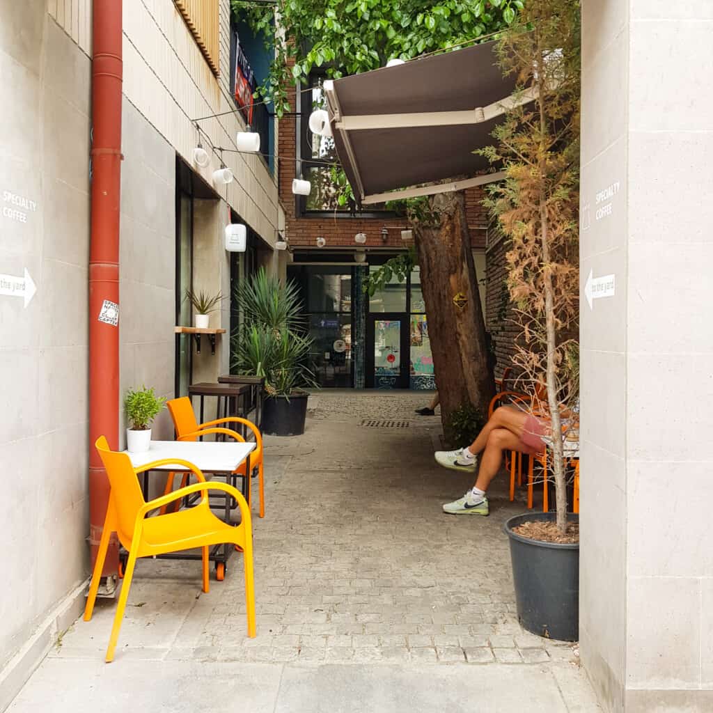 The courtyard seating area at BNKR coffee specialty shop in Tbilisi