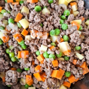 Overhead of minced meat and diced vegetables