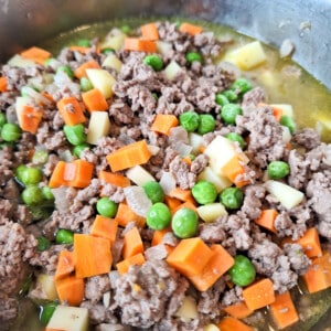 Closeup of minced meat with diced vegetables in a pot