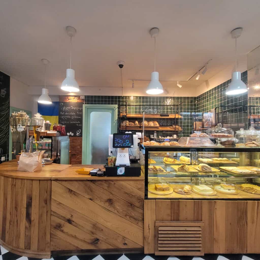 Interior and bakery counter of 14 Martsvali, a breakfast cafe in Tbilisi