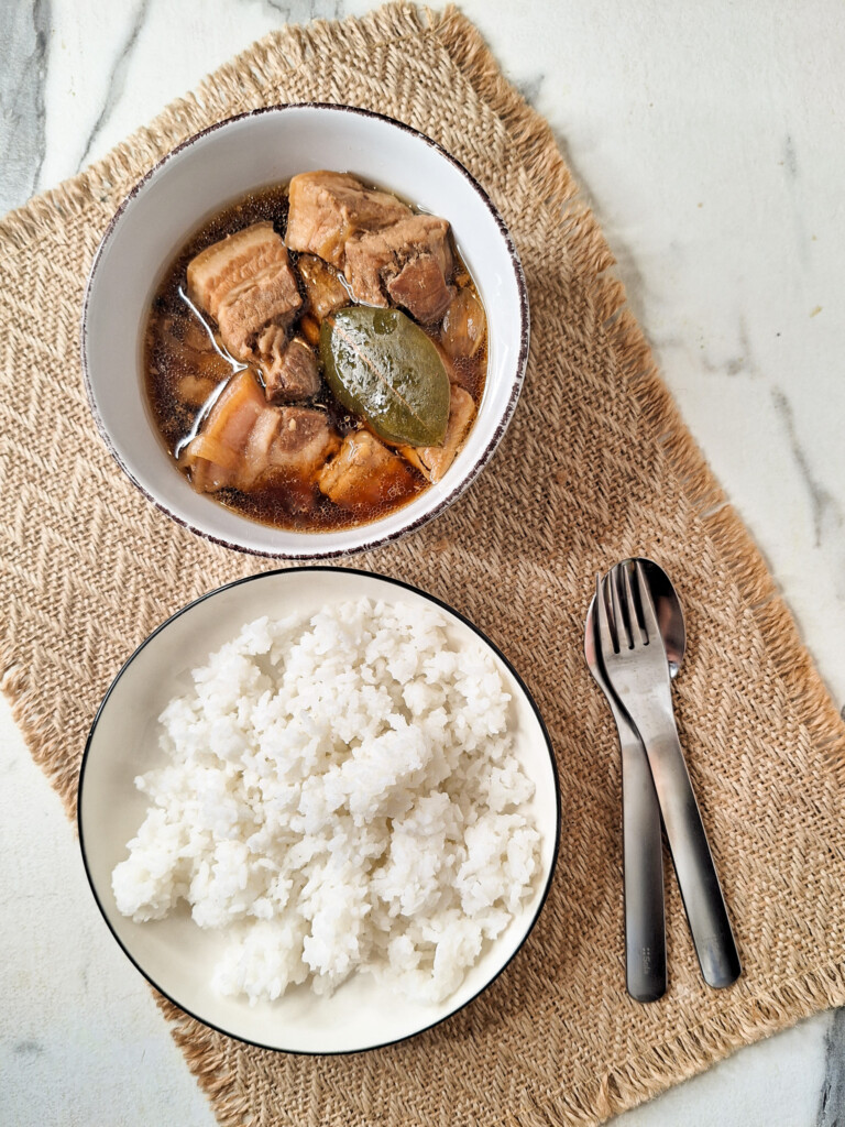 Plate of rice next to a bowl of Filipino adobo on a brown placemat.