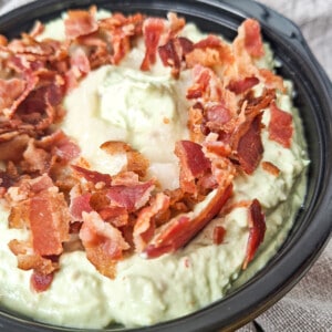 Close up of an avocado bacon garlic cream cheese dip