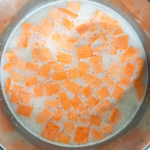 Diced sweet potatoes in coconut milk in a pot