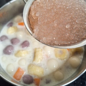 Pouring clear tapioca balls into pot of coconut milk soup