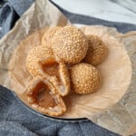 Fried sesame balls and a cross section of the cinnamon caramel filling inside
